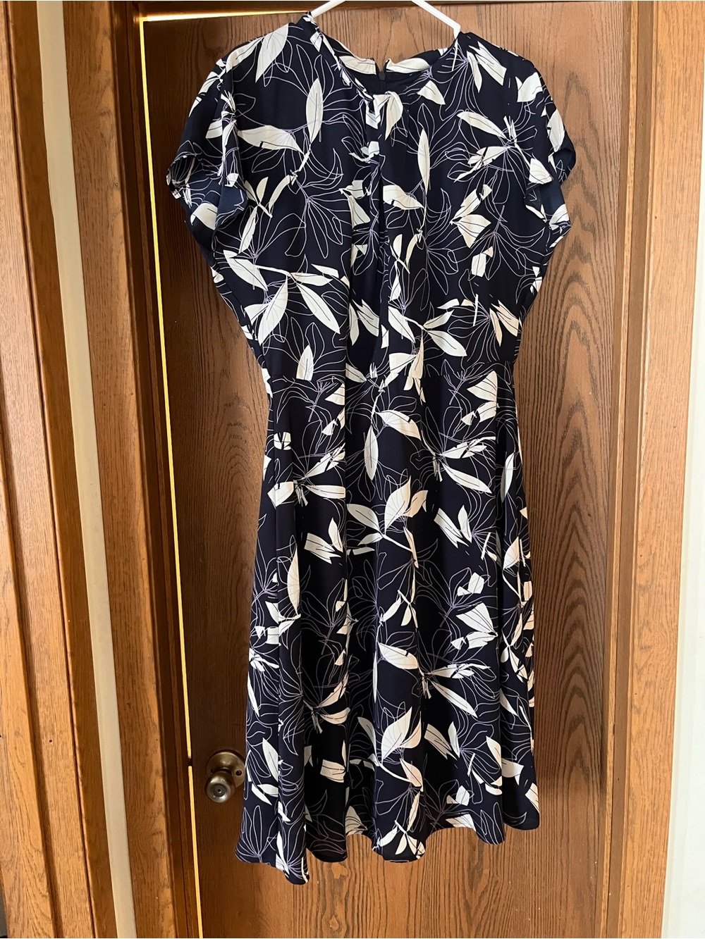 Navy Floral A-Line Dress with Ivory Leaf Print